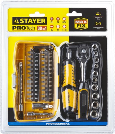 Набор STAYER &quot;PROFESSIONAL&quot;: Биты и торцовые головки с трещеткой и воротком, 39 предметов 25135-H39 купить в Нефтеюганске