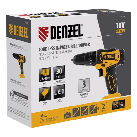 Дрель-шуруповерт аккумуляторная ударная Denzel CID-18-0, Li-Ion, 18 В 26136 купить в Нефтеюганске