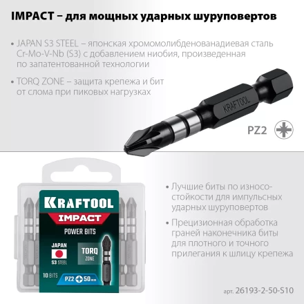 Биты для ударных шуруповертов KRAFTOOL Impact Pro PZ 26193-2-50-S10 купить в Нефтеюганске