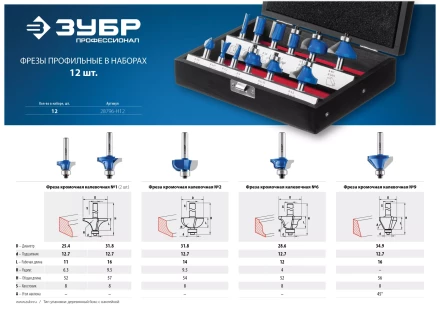 ЗУБР 12 шт, набор профильных фрез по дереву, Профессионал (28796-H12) купить в Нефтеюганске