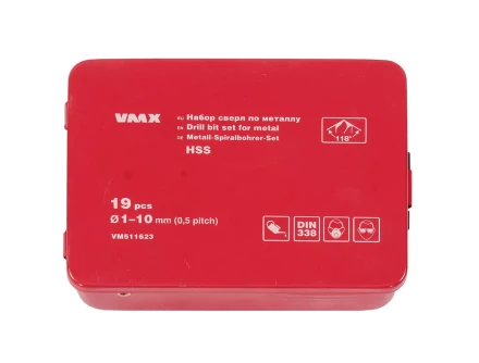 Набор сверл для металла HSS Ф1-10 мм шаг 0,5 мм 19 штук металлический футляр VMX 511623 купить в Нефтеюганске