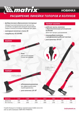 Топор-колун с клиновидным полотном 2500 г Matrix 21811, фибергласовое обрезиненное топорище 880 мм купить в Нефтеюганске