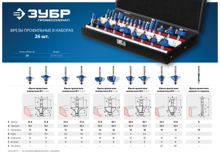 ЗУБР 26 шт, набор профильных фрез по дереву, Профессионал (28796-H26) купить в Нефтеюганске