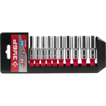 Набор ЗУБР "МАСТЕР": Торцовые головки (1/4") удлиненные на пластиковом рельсе, Cr-V, 4-13мм, 10 предметов 27657-H10 купить в Нефтеюганске