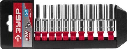 Набор ЗУБР "МАСТЕР": Торцовые головки (1/4") удлиненные на пластиковом рельсе, Cr-V, 4-13мм, 10 предметов 27657-H10 купить в Нефтеюганске