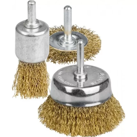 STAYER &quot;PROFESSIONAL&quot;. Набор щеток-крацовок для дрели, витая стальная латунированная проволока 0,3мм, диск. 50мм, чаш. 50мм, кистевая 25мм, 3шт 35152-H3_z01 купить в Нефтеюганске