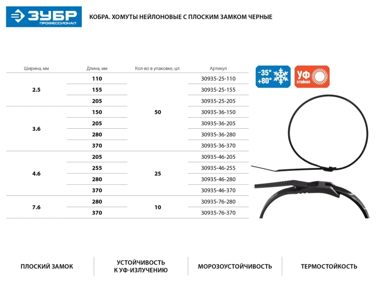 Кабельные стяжки черные КОБРА, с плоским замком, 4.6 х 370 мм, 25 шт, нейлоновые, ЗУБР 30935-46-370 купить в Нефтеюганске