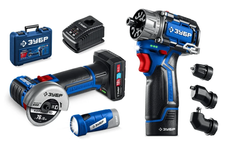 ЗУБР КОМБИ #5 набор: дрель-шуруповерт + мини УШМ + LED фонарь, BRUSHLESS, 12 В, 45 Н·м, 2 АКБ тип Т7 (4 и 2 А·ч), кейс, Профессионал (DB-125-42ABF) купить в Нефтеюганске