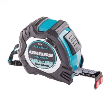 Рулетка Magnetisch 8 м х 25 мм обрезиненный корпус автоматическая фиксация Нейлоновое покрытиеытие зацеп с магнитом Gross 32573 купить в Нефтеюганске