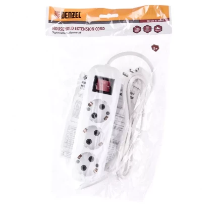 Удлинитель бытовой с заземлением и выключателем 2 м 3 розетки 10 A серия УХз10 Denzel 95970 купить в Нефтеюганске