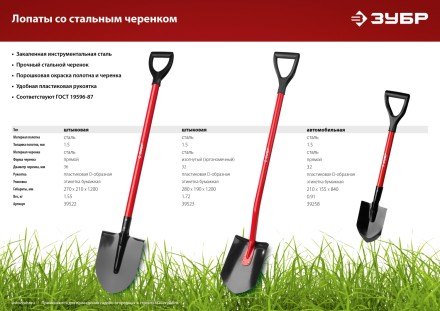 ЗУБР МАСТЕР, 280 х 190 х 1200 мм, полотно 1.5 мм, закалено, стальной изогнутый черенок с рукояткой, штыковая лопата (39523) купить в Нефтеюганске