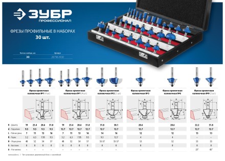 ЗУБР 30 шт, набор профильных фрез по дереву, Профессионал (28796-H30) купить в Нефтеюганске