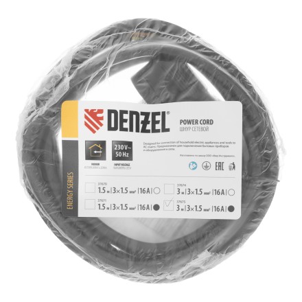 Шнур сетевой Energy Series Denzel, ПВС, 3 м, 3 x 1,5 мм, с неразборной вилкой, черный, 3 м, 37675 купить в Нефтеюганске