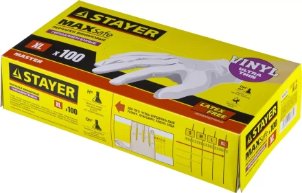 Перчатки STAYER &quot;MASTER&quot; виниловые экстратонкие, XL, 100шт 11207-XL купить в Нефтеюганске