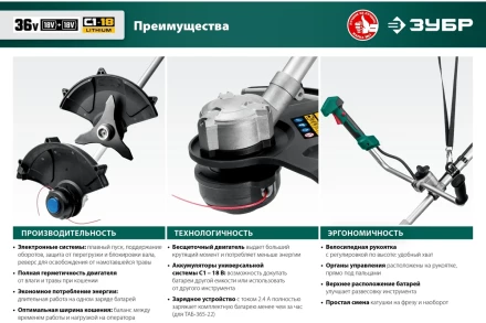ЗУБР С1-18, 36 В, 35/25.5 см, 2х18 В АКБ (2 А·ч), бесщеточный триммер (ТАБ-365-22) купить в Нефтеюганске
