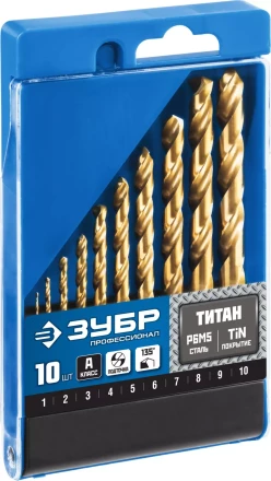 ЗУБР ТИТАН, 10 шт, (1-10 мм), сталь Р6М5, класс А, титановое покрытие, набор сверл по металлу, Профессионал (29615-H10) купить в Нефтеюганске