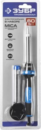 Паяльник ЗУБР &quot;ПРОФЕССИОНАЛ&quot; с двухкомпонентной рукояткой и защитным колпачком в наборе с припоем и подставкой, 60Вт, конус 55402-60_z01 купить в Нефтеюганске