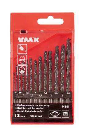 Набор сверл для металла HSS Ф1,5-6,5 мм 13 штук пластиковый футляр VMX 511621 купить в Нефтеюганске