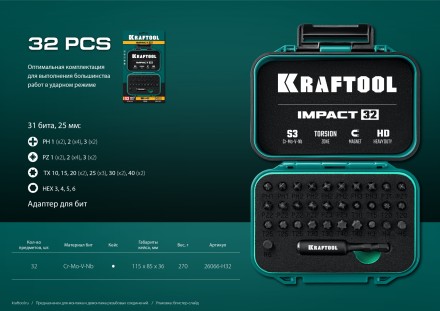 Набор ударных торсионных бит KRAFTOOL Impact, Cr-Mo-V-Nb сталь 26066-H32 купить в Нефтеюганске