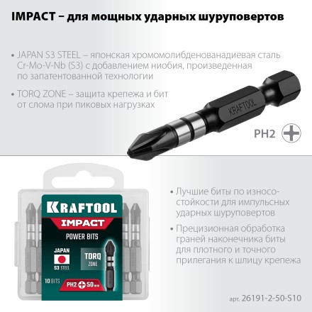 Биты для ударных шуруповертов KRAFTOOL Impact Pro PH 26191-2-50-S10 купить в Нефтеюганске