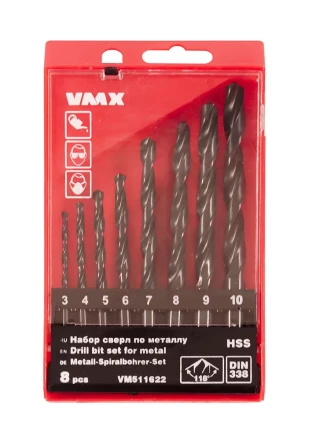 Набор сверл для металла HSS Ф3-10 мм 8 штук пластиковый футляр VMX 511622 купить в Нефтеюганске