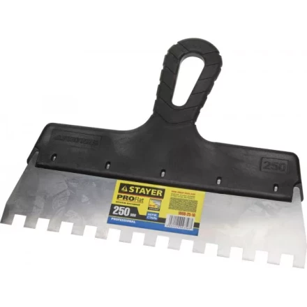 Шпатель STAYER "PROFESSIONAL" нержавеющий зубчатый с пластмассовой ручкой, 250мм, зуб 10х10мм 1009-25-10 купить в Нефтеюганске