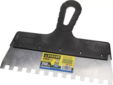 Шпатель STAYER "PROFESSIONAL" нержавеющий зубчатый с пластмассовой ручкой, 250мм, зуб 10х10мм 1009-25-10 купить в Нефтеюганске