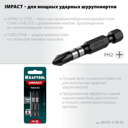 Биты для ударных шуруповертов KRAFTOOL Impact Pro PH 26191-2-50-S2 купить в Нефтеюганске