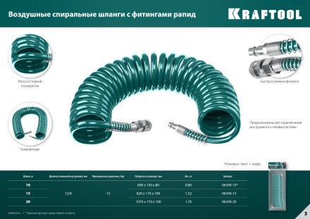 Воздушный спиральный шланг KRAFTOOL с фитингами рапид 8х12 мм 06590-10 купить в Нефтеюганске