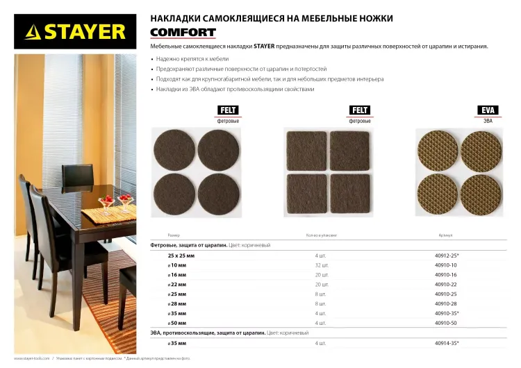 Накладки STAYER "COMFORT" на мебельные ножки, самоклеящиеся, фетровые, коричневые, круглые - диаметр 28 мм, 8 шт 40910-28 купить в Нефтеюганске