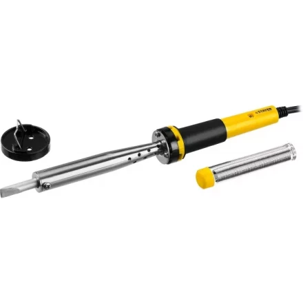 Паяльник PROTerm с двухкомпонентной рукояткой, в комплекте с припоем и подставкой, жало - клин, STAYER Professional 55300-100, 100 Вт 55300-100 купить в Нефтеюганске