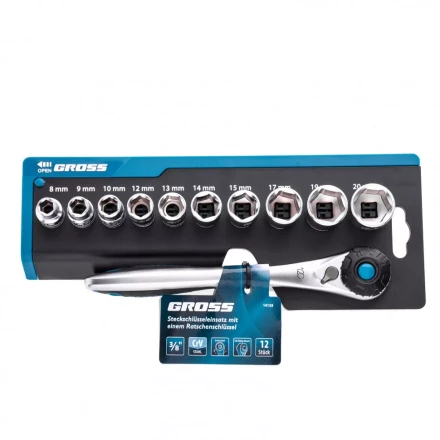 Набор торцевых головок трещотка 120 зубьев 12 предметов 3/8&quot; CrV Gross 14139 купить в Нефтеюганске