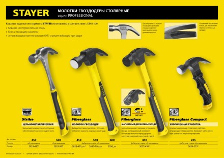 Молоток-гвоздодер &quot;Fiberglass-M&quot; с фиберглассовой рукояткой, с магнитом, 450 г, STAYER Professional 2027-450 купить в Нефтеюганске