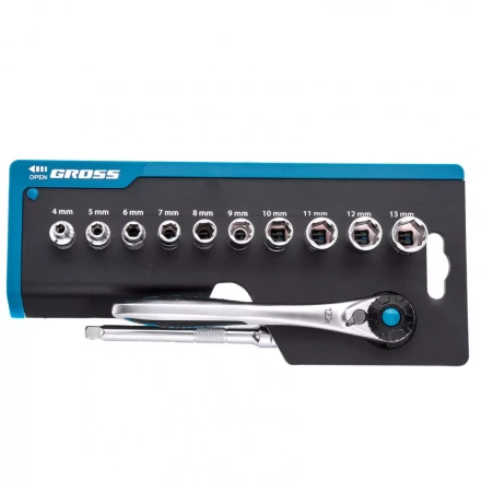 Набор торцевых головок трещотка 120 зубьев 12 предметов 1/4" CrV Gross 14141 купить в Нефтеюганске