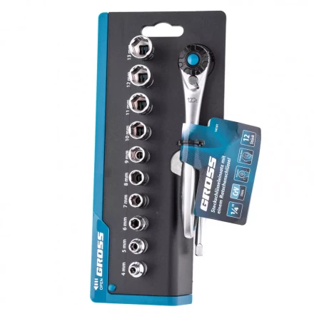 Набор торцевых головок трещотка 120 зубьев 12 предметов 1/4" CrV Gross 14141 купить в Нефтеюганске