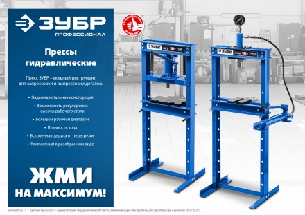 ЗУБР ПГН-10, 10 т, гидравлический пресс с гидронасосом и манометром, Профессионал (43072-10) купить в Нефтеюганске
