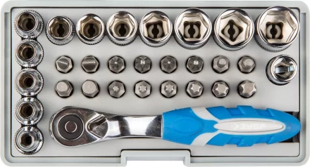 Набор ЗУБР &quot;ЭКСПЕРТ&quot;: Биты 16шт,торцов головки с мини трещоткой 12шт,адаптер для бит SQ 1/4&quot;хHex 1/4&quot;,удлинит 1/4&quot;/80мм 26054-H31 купить в Нефтеюганске