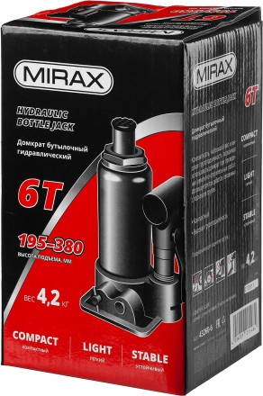 Домкрат гидравлический бутылочный, 6т, 195-380 мм, MIRAX 43260-6 43260-6 купить в Нефтеюганске