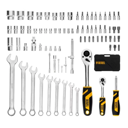 Набор инструментов Denzel, 1/2&quot;, 1/4&quot;, CrV, S2, пластиковый кейс, 82 предмета 15809 купить в Нефтеюганске