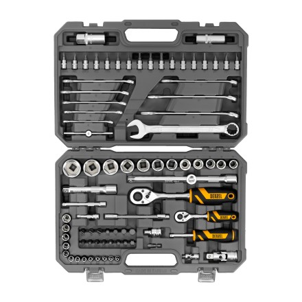 Набор инструментов Denzel, 1/2&quot;, 1/4&quot;, CrV, S2, пластиковый кейс, 82 предмета 15809 купить в Нефтеюганске