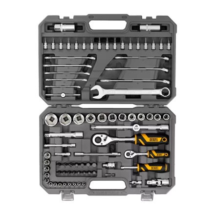 Набор инструментов Denzel, 1/2&quot;, 1/4&quot;, CrV, S2, пластиковый кейс, 82 предмета 15809 купить в Нефтеюганске