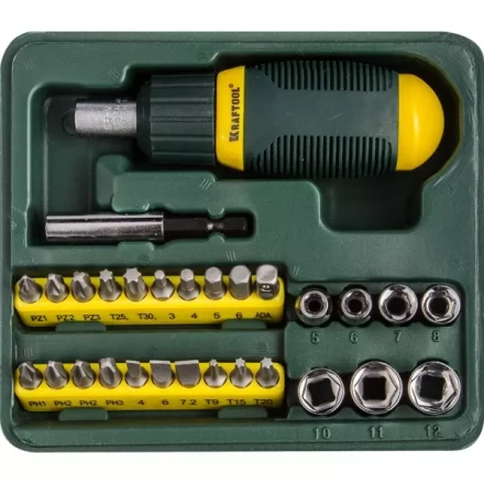 Набор KRAFTOOL Отвертка реверсивная с битами и торцовыми головками, 29 предметов 25556-H29 купить в Нефтеюганске