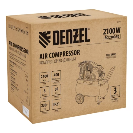 Компрессор воздушный рем. привод Denzel BCI 2100/50, 2,1 кВт, 50 литров, 400 л/мин купить в Нефтеюганске