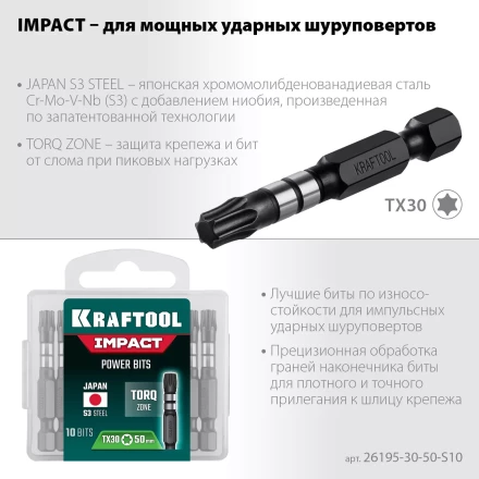 Биты для ударных шуруповертов KRAFTOOL Impact Pro TX 26195-30-50-S10 купить в Нефтеюганске