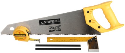 Набор STAYER &quot;STANDARD&quot; для столярных работ: ножовка по дереву 400 мм, угольник 200 мм, рулетка 3 м, 2 карандаша, 5 пред 15084-H5 купить в Нефтеюганске