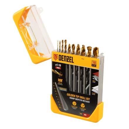 Набор сверл по металлу, 1-10 мм, HSS-Tin, Golden Tip, 10 шт Denzel 72316 купить в Нефтеюганске