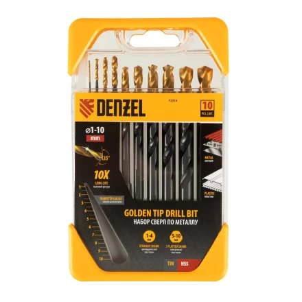 Набор сверл по металлу, 1-10 мм, HSS-Tin, Golden Tip, 10 шт Denzel 72316 купить в Нефтеюганске