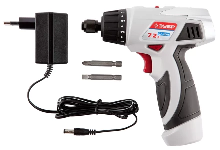 Шуруповерт ЗУБР 2-х скор,Li-Ion,реверс,15+1,зарядка 3-5ч,10мм,0-160 и 0-320об/мин,1,5А/ч,7,2В,набор бит,в блистере ЗДА-7.2-Ли Б купить в Нефтеюганске