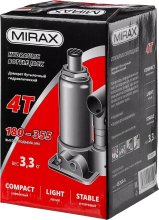Домкрат гидравлический бутылочный, 4т, 180-355 мм, MIRAX 43260-4 43260-4 купить в Нефтеюганске