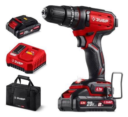 ЗУБР 20 В, 40 Нм, 2 АКБ LMS (2 Ач), ударная дрель-шуруповерт, сумка (ДШУ-40-22) купить в Нефтеюганске